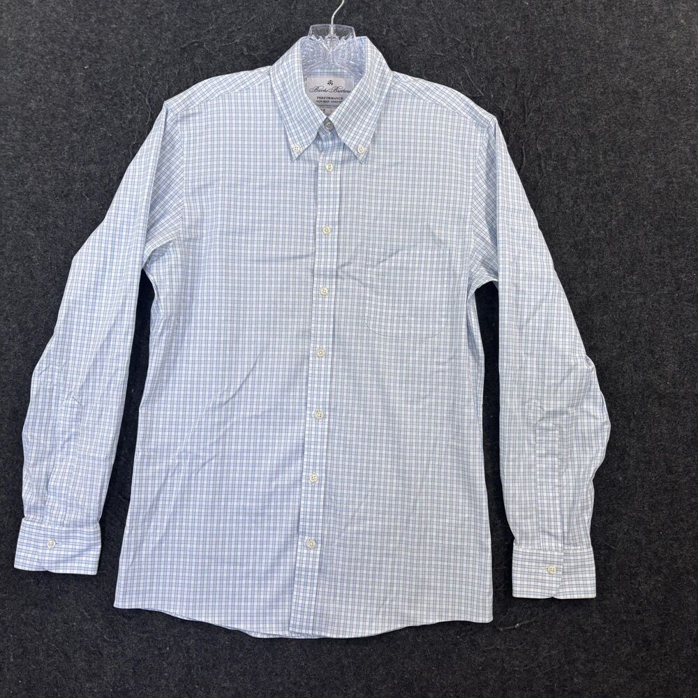 Brooks Brothers Milano Shirt Men's 14.5 32 Blue Check Non Iron Stretch Supima